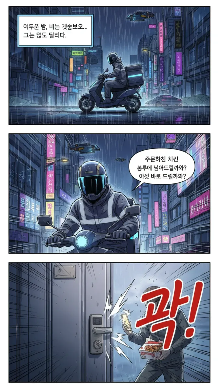 Sample webtoon strip in Korean: a delivery rider at night, then a knock at a door
