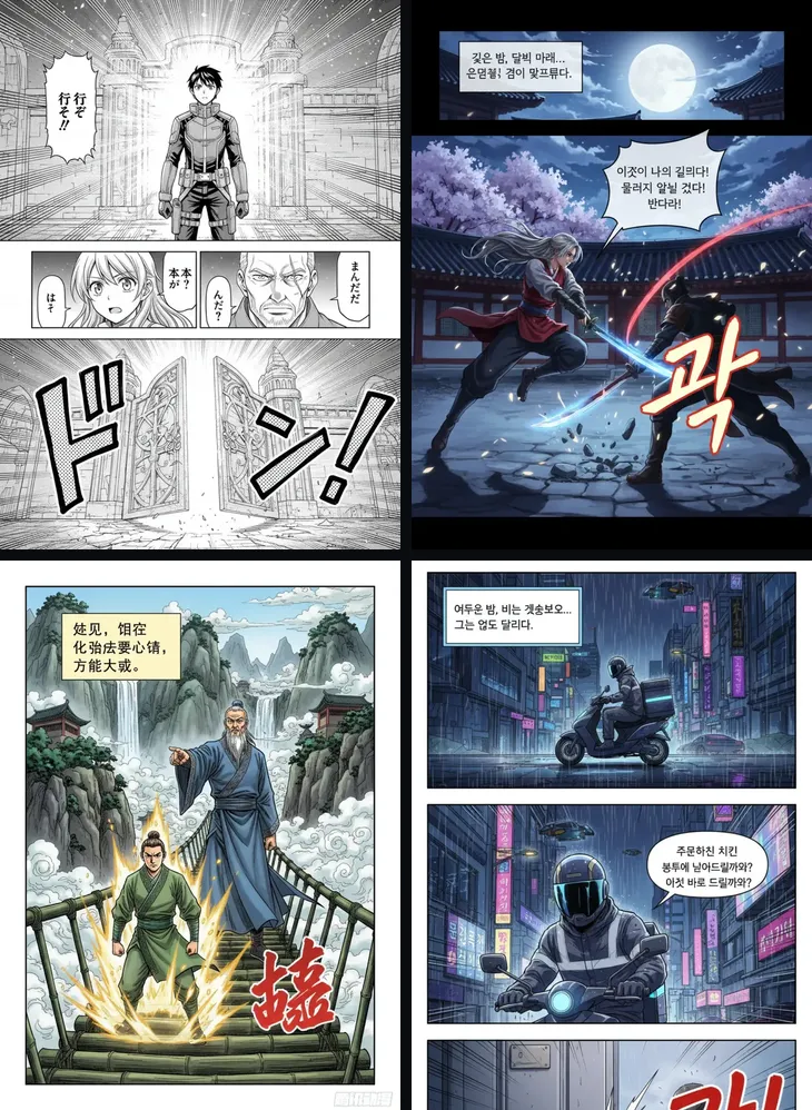 Four sample pages in a grid: a black and white manga page, a color manhwa page, a painted manhua page and the top of a webtoon strip