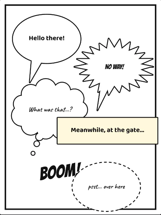 Speech bubble maker: a blank manga panel with a speech bubble, a shout bubble, a thought cloud and a BOOM sound effect